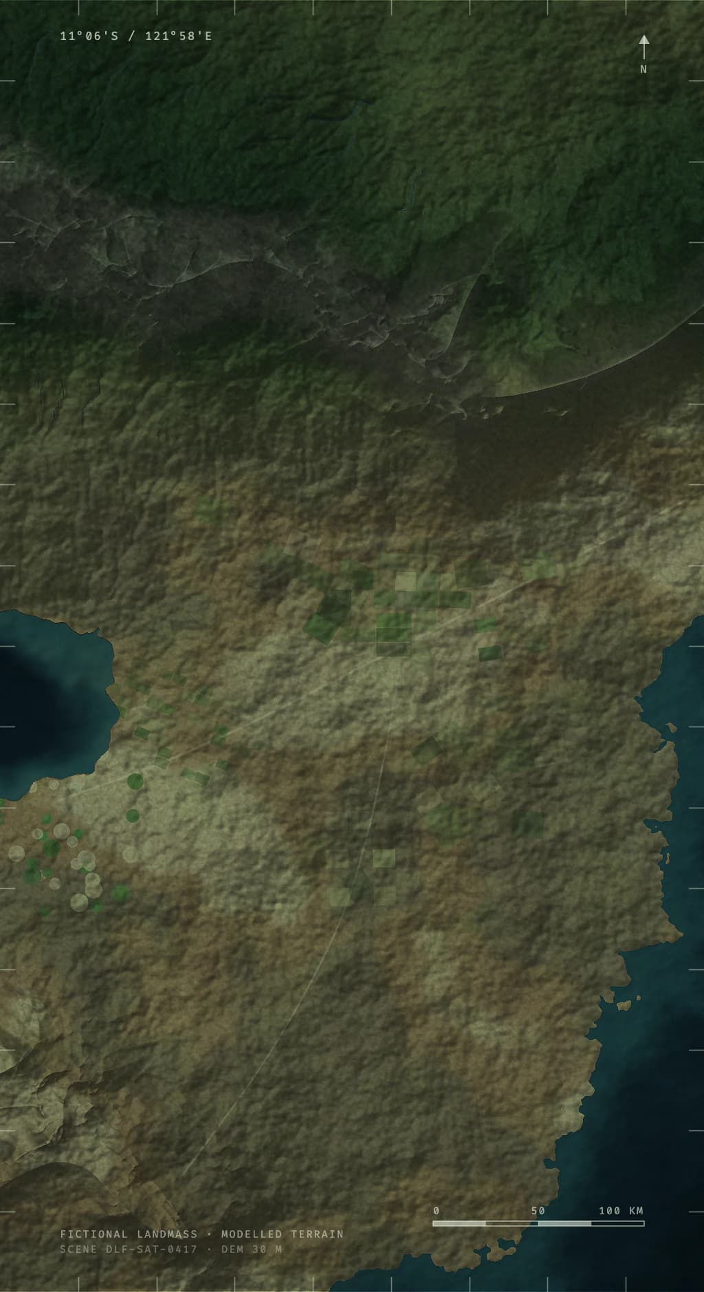 Simulated satellite view of a fictional coastal landmass: forested highlands in the north, cultivated plains with irrigated field blocks in the centre, a lake on the western edge and open sea to the east, annotated with graticule ticks, a 100 km scale bar and grid coordinates.