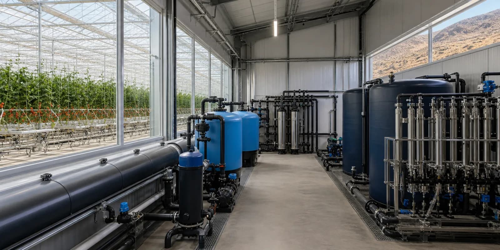 Commercial greenhouse water-recovery room with filtration, disinfection, dosing equipment and enclosed buffer tanks