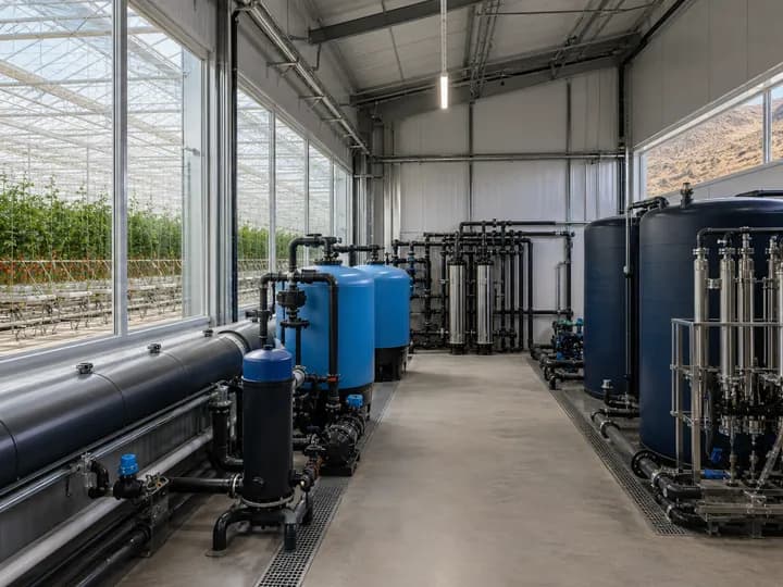 Commercial greenhouse water-recovery room with filtration, disinfection, dosing equipment and enclosed buffer tanks