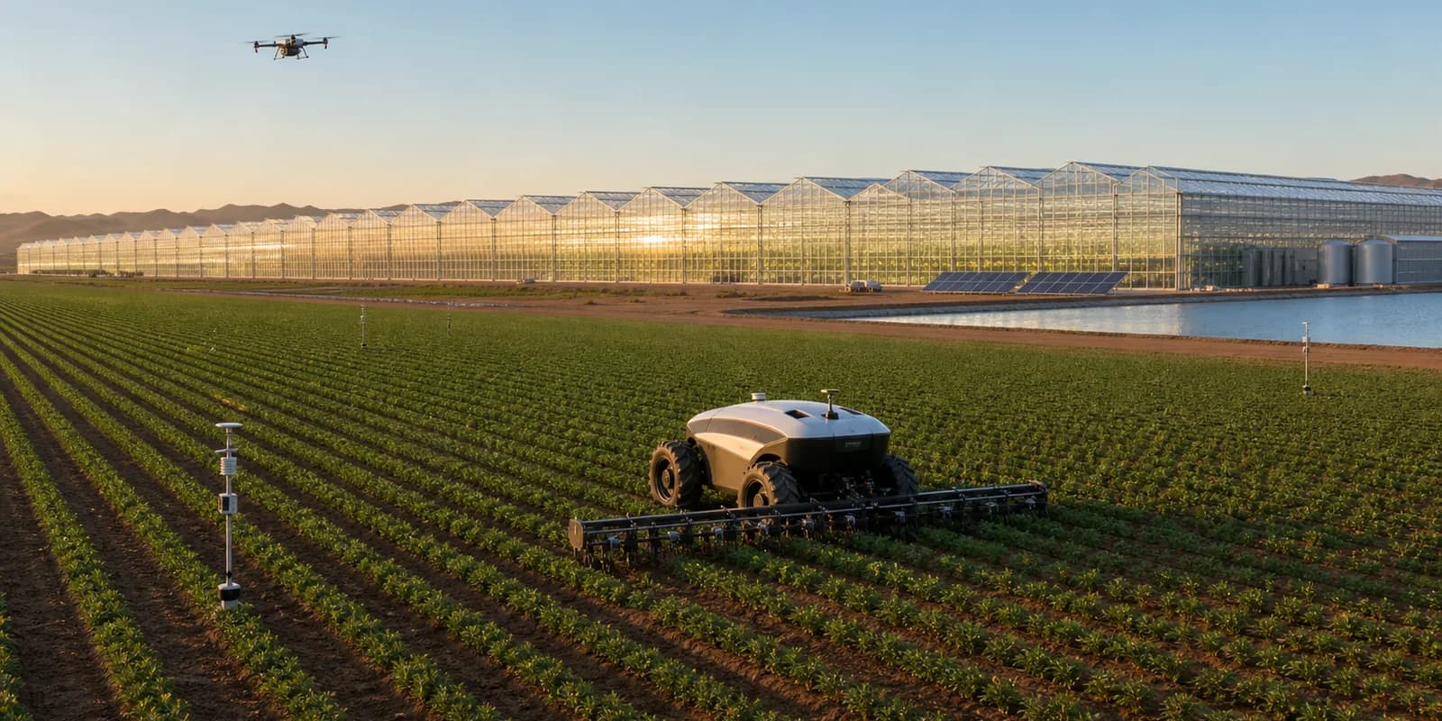 Autonomous precision tractor, field sensors and mapping drone working beside an enormous commercial multi-span glasshouse