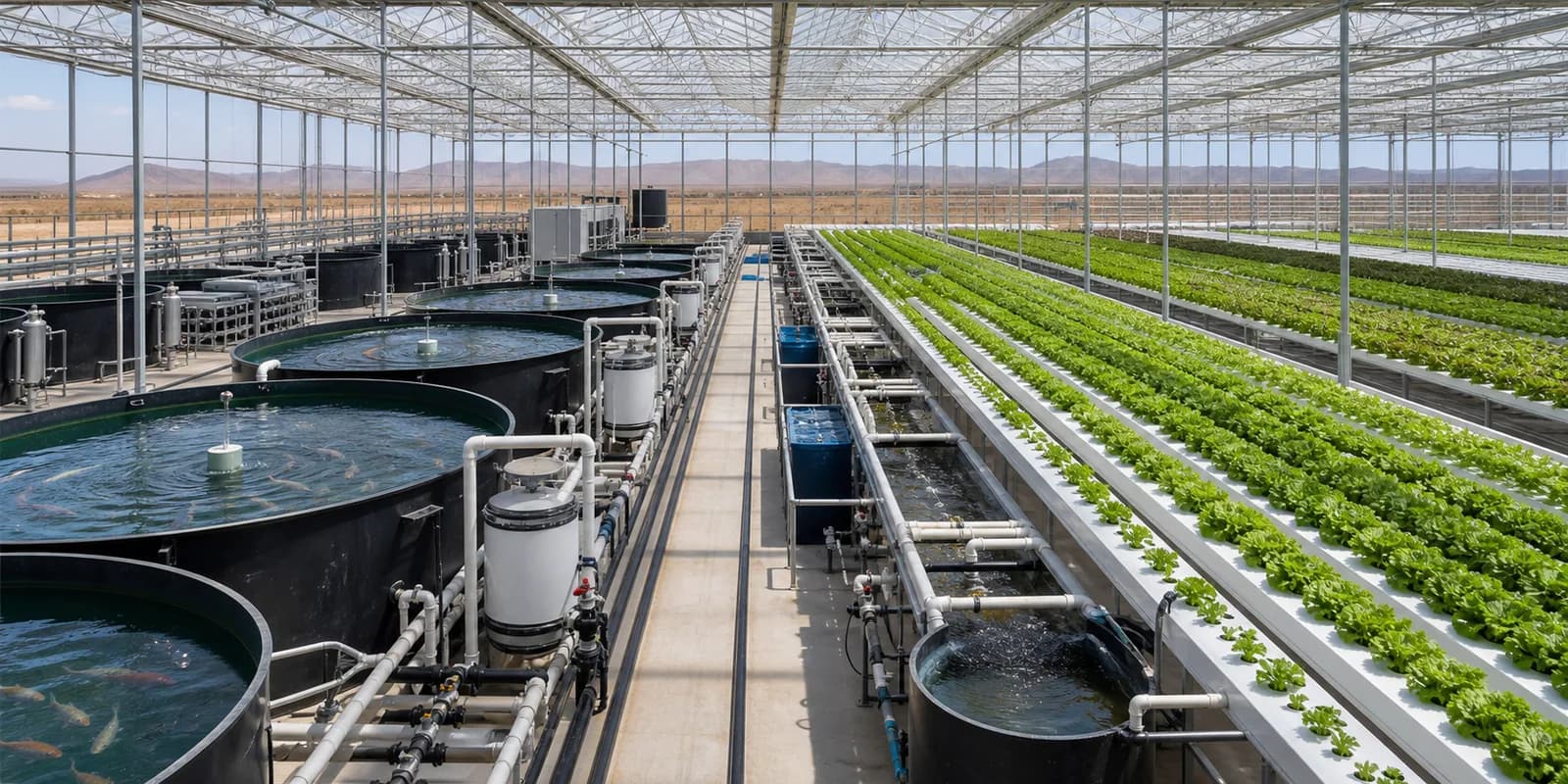 Commercial aquaponic fish tanks beside hydroponic crop channels inside a large multi-span glasshouse