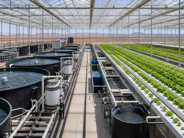 Commercial aquaponic fish tanks beside hydroponic crop channels inside a large multi-span glasshouse