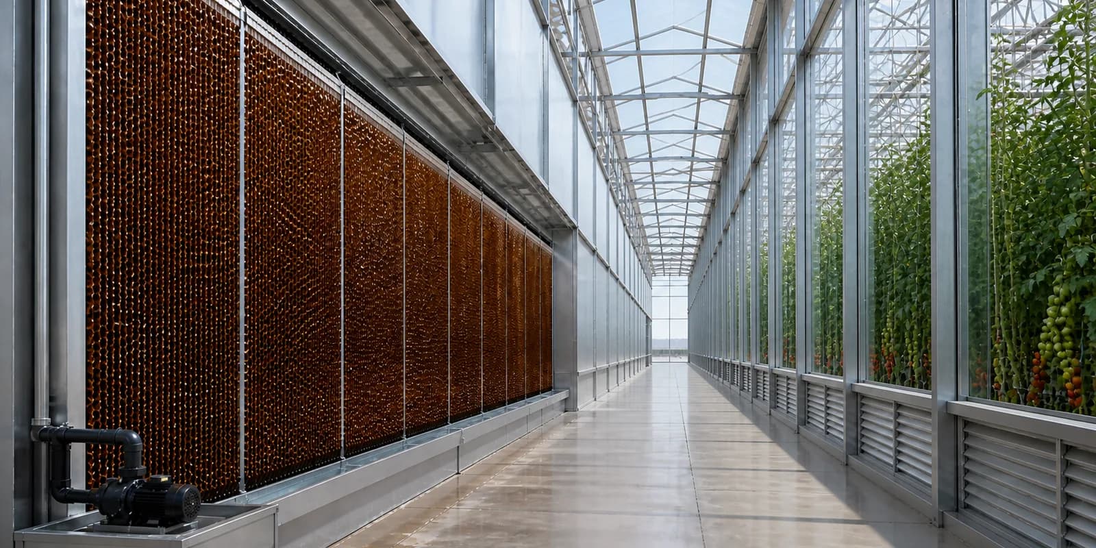 Evaporative pad wall inside a dedicated climate corridor delivering cooled air into a commercial glasshouse tomato compartment