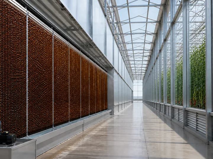 Evaporative pad wall inside a dedicated climate corridor delivering cooled air into a commercial glasshouse tomato compartment