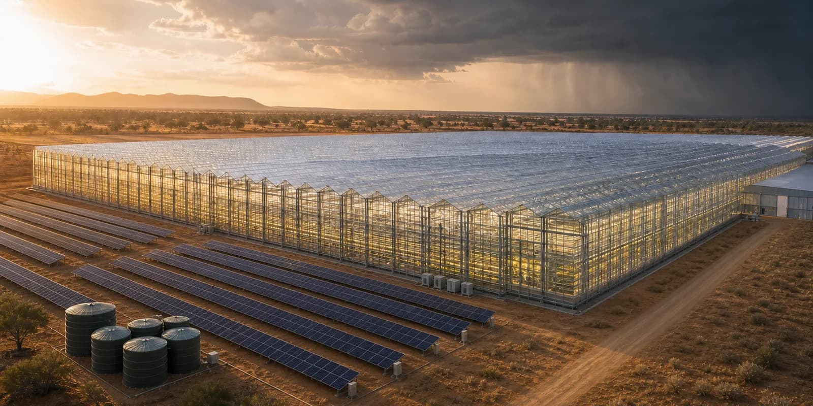Enormous commercial multi-span glasshouse and solar array facing heat, drought and an approaching storm