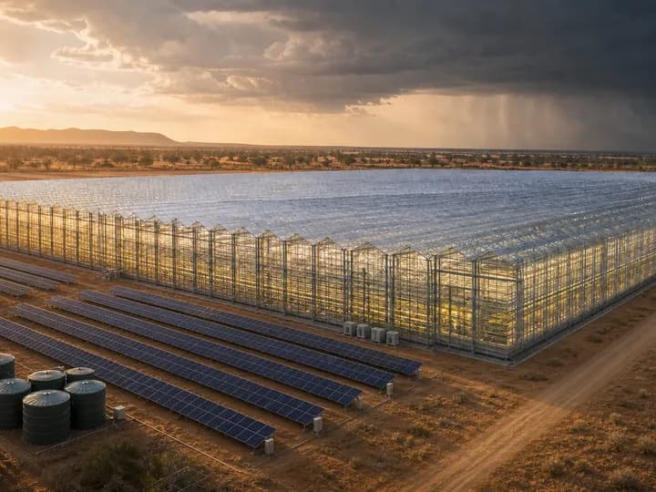Enormous commercial multi-span glasshouse and solar array facing heat, drought and an approaching storm