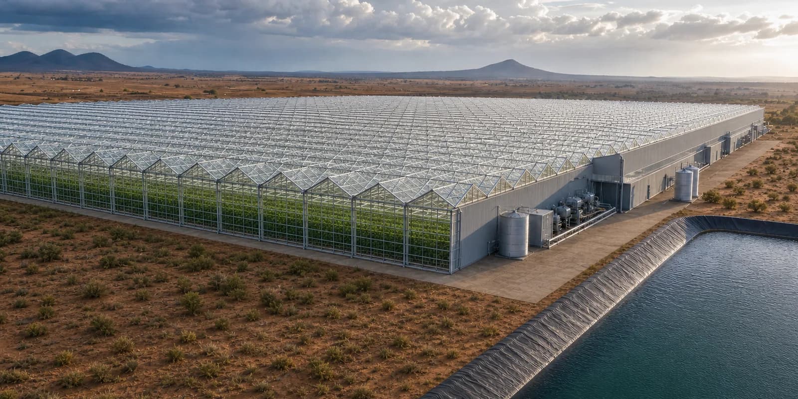 Large high-tech multi-span gabled glasshouse with an attached packhouse and water reservoir in a dry African landscape