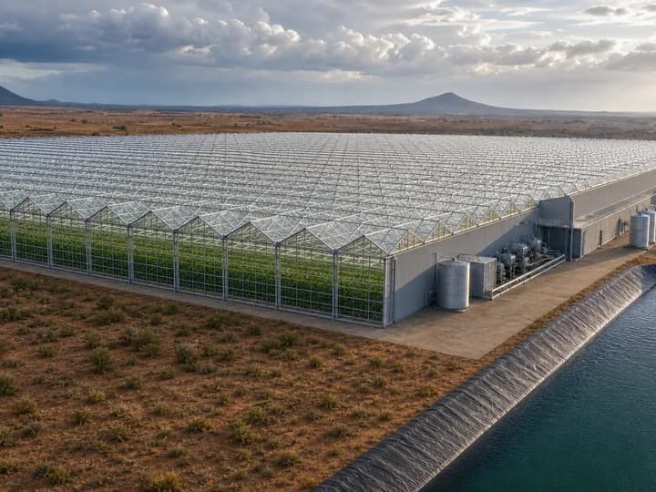 Large high-tech multi-span gabled glasshouse with an attached packhouse and water reservoir in a dry African landscape