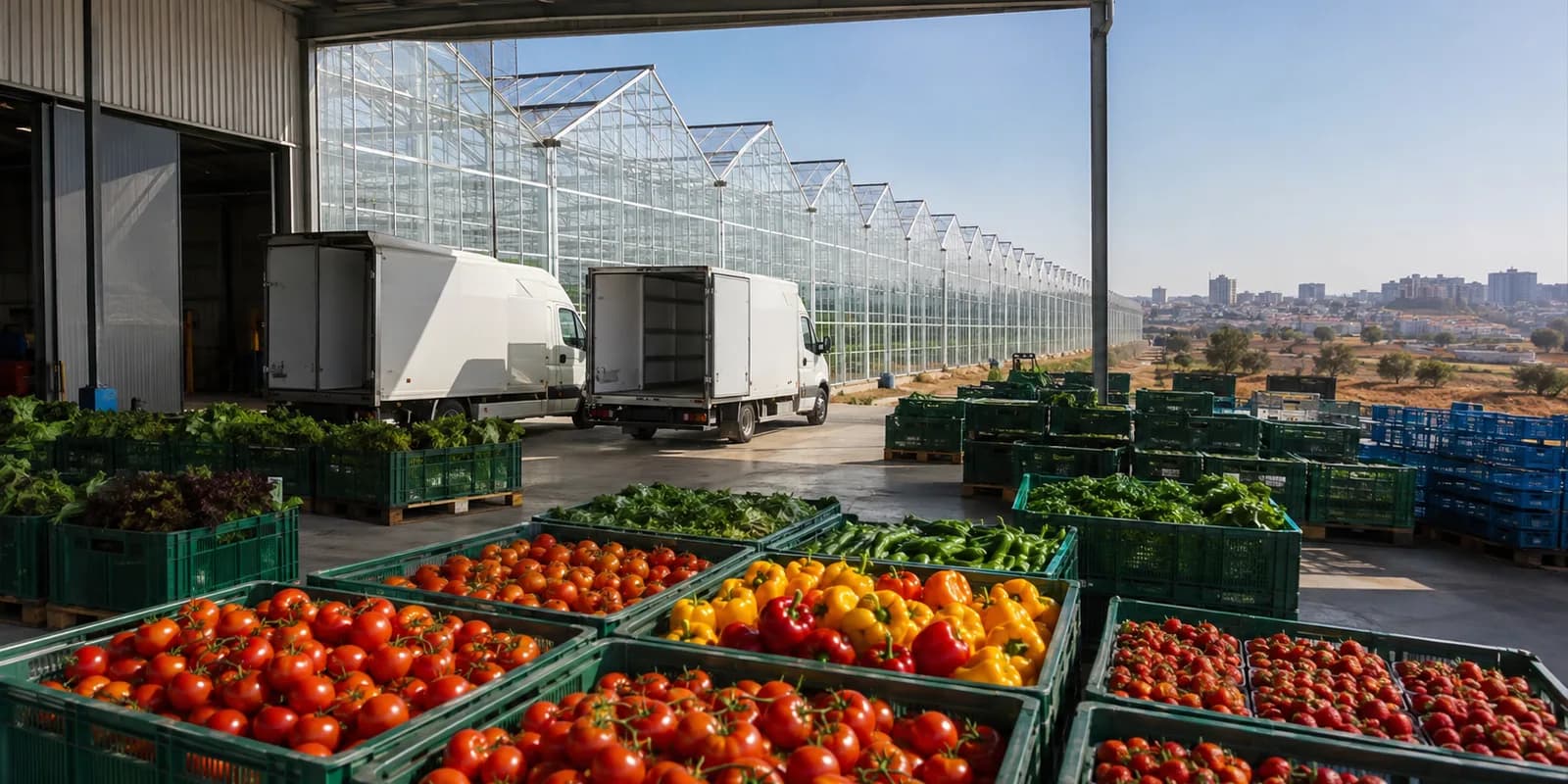Abundant fresh produce ready for local delivery from a packhouse attached to a large glasshouse