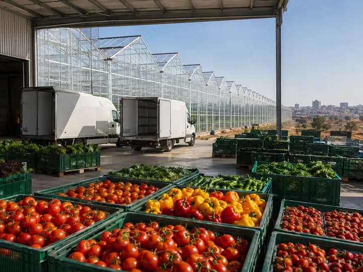 Abundant fresh produce ready for local delivery from a packhouse attached to a large glasshouse