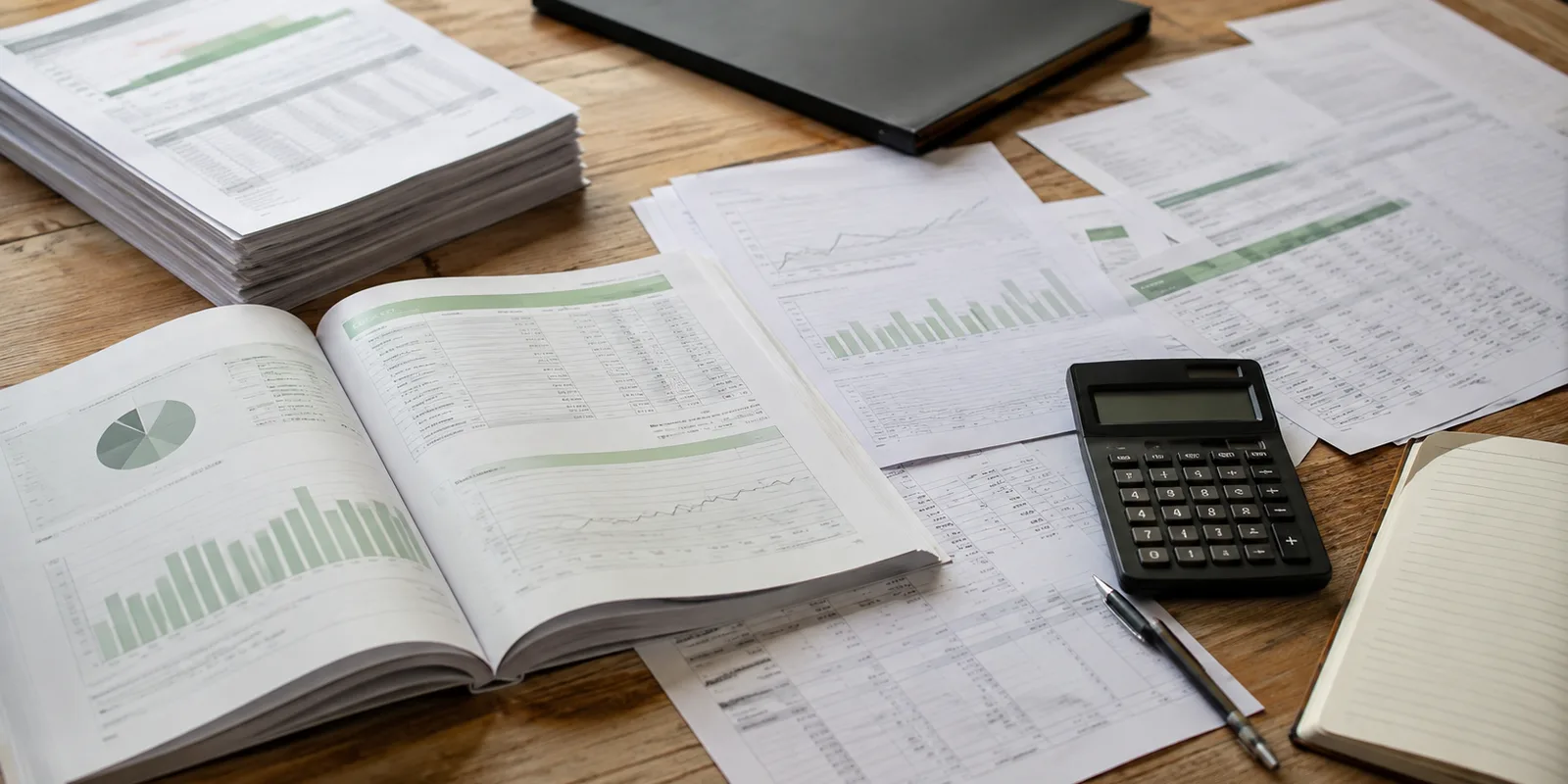 Financial reports, spreadsheets, budget charts and a calculator laid out on a desk for greenhouse project cost planning