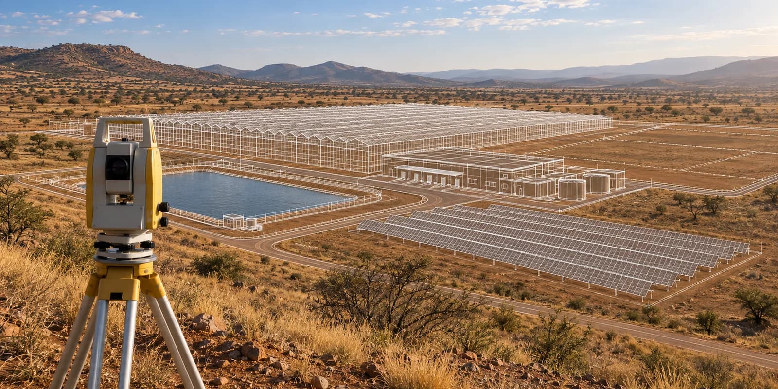 Wireframe planning overlay across a proposed commercial greenhouse site in Africa