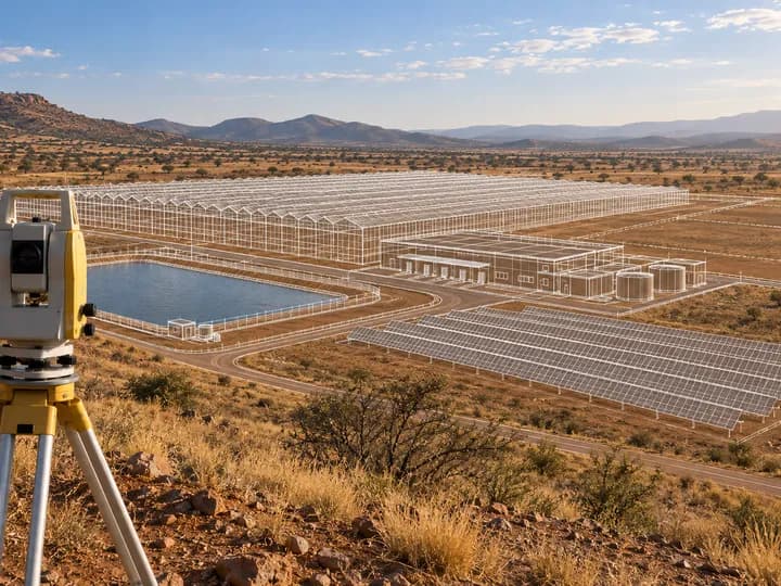 Wireframe planning overlay across a proposed commercial greenhouse site in Africa