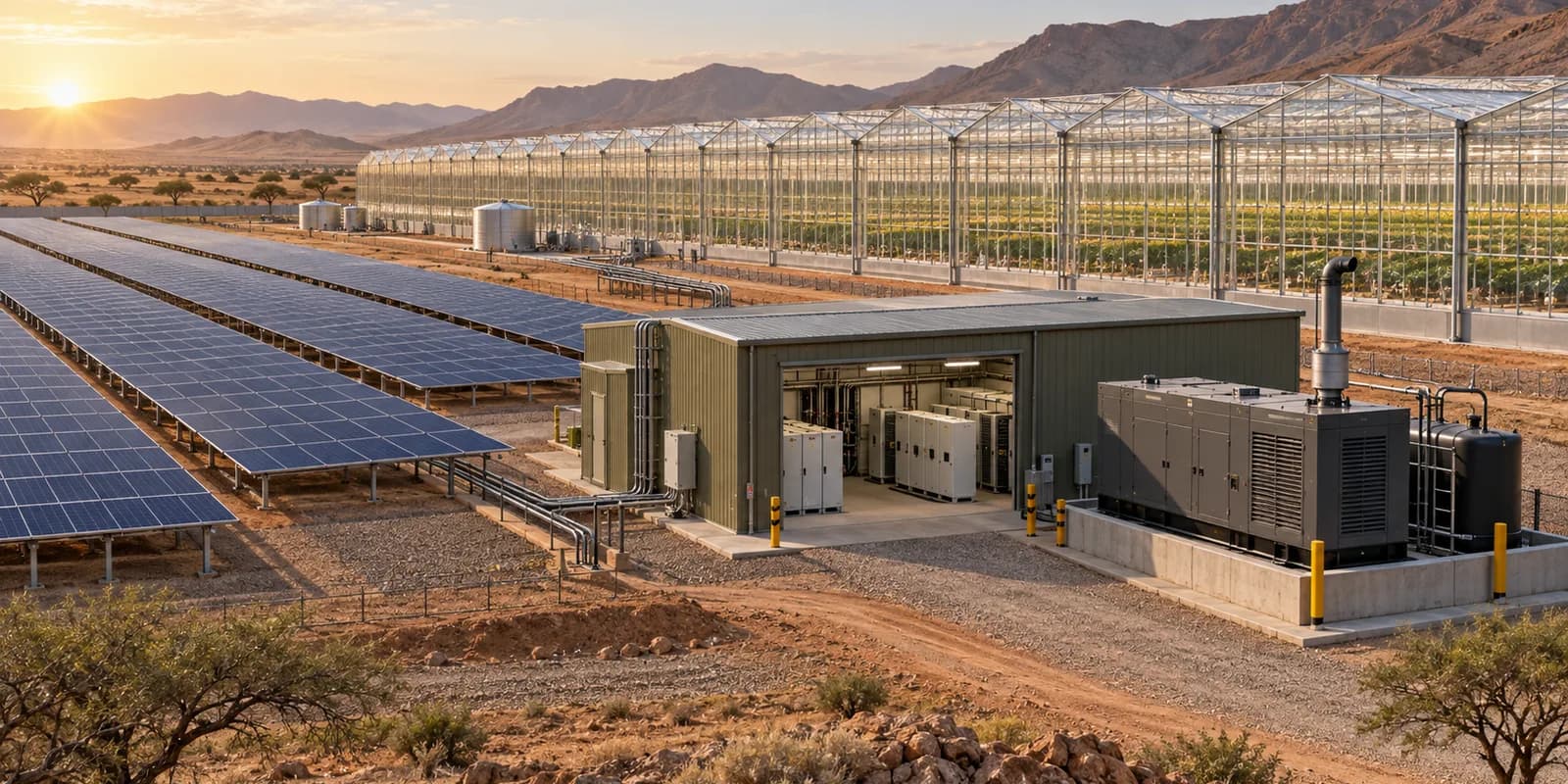 Utility-scale solar array, energy room and standby generator serving a commercial glasshouse