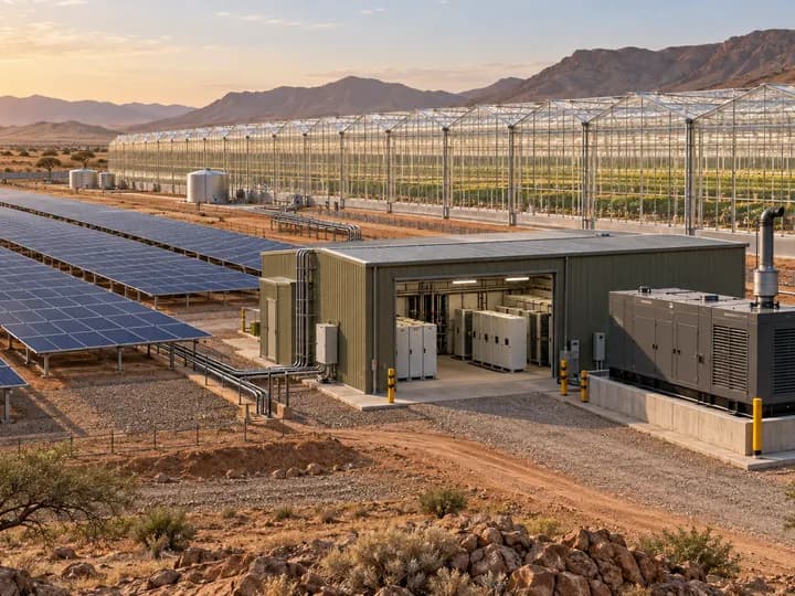 Utility-scale solar array, energy room and standby generator serving a commercial glasshouse