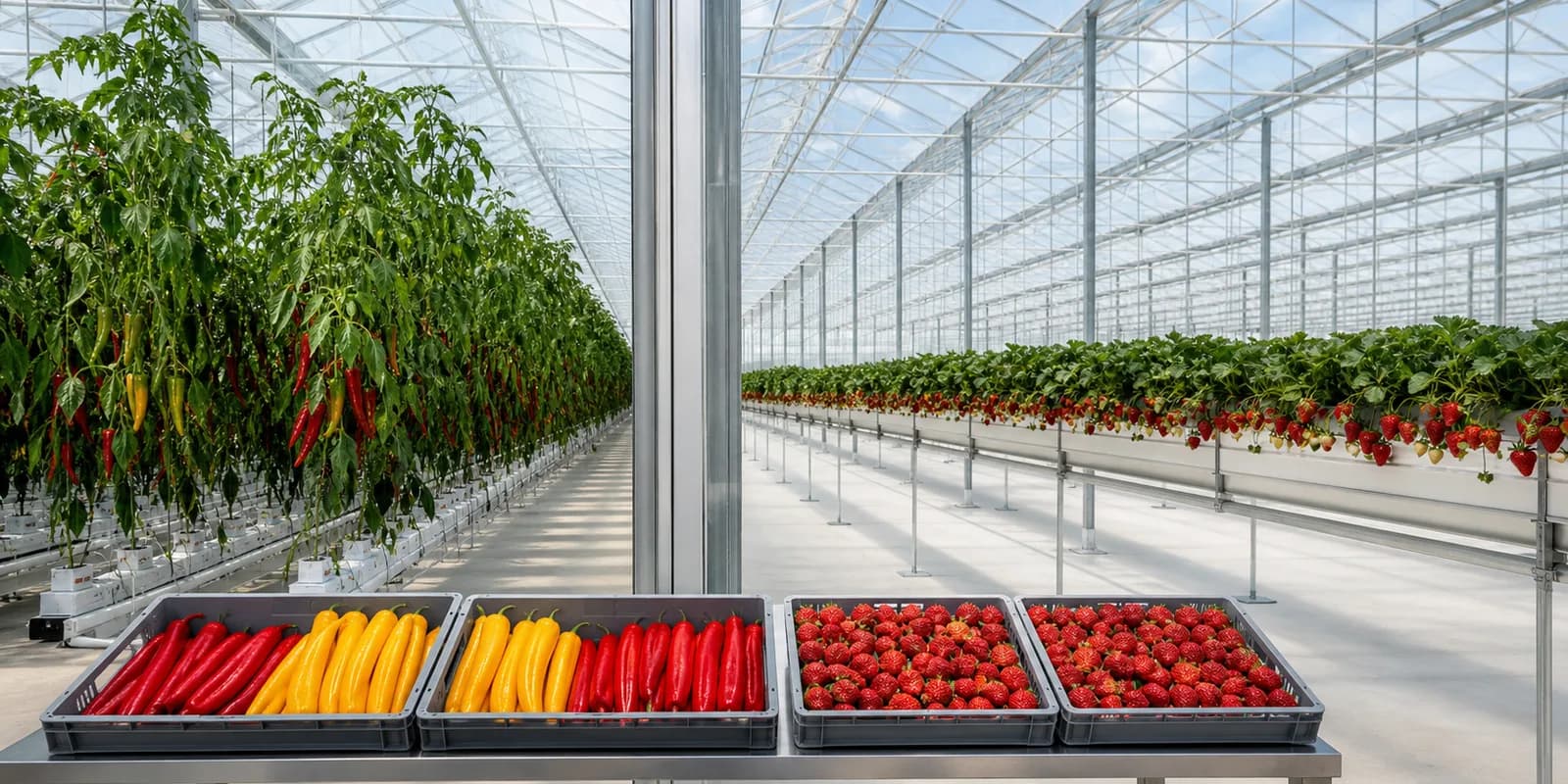 Premium Palermo peppers and strawberries grown in separate controlled-environment glasshouse compartments