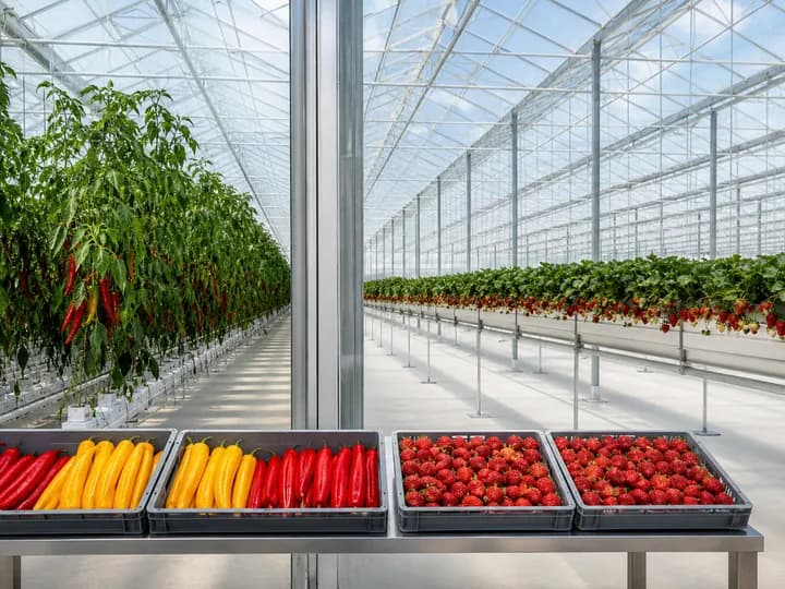 Premium Palermo peppers and strawberries grown in separate controlled-environment glasshouse compartments