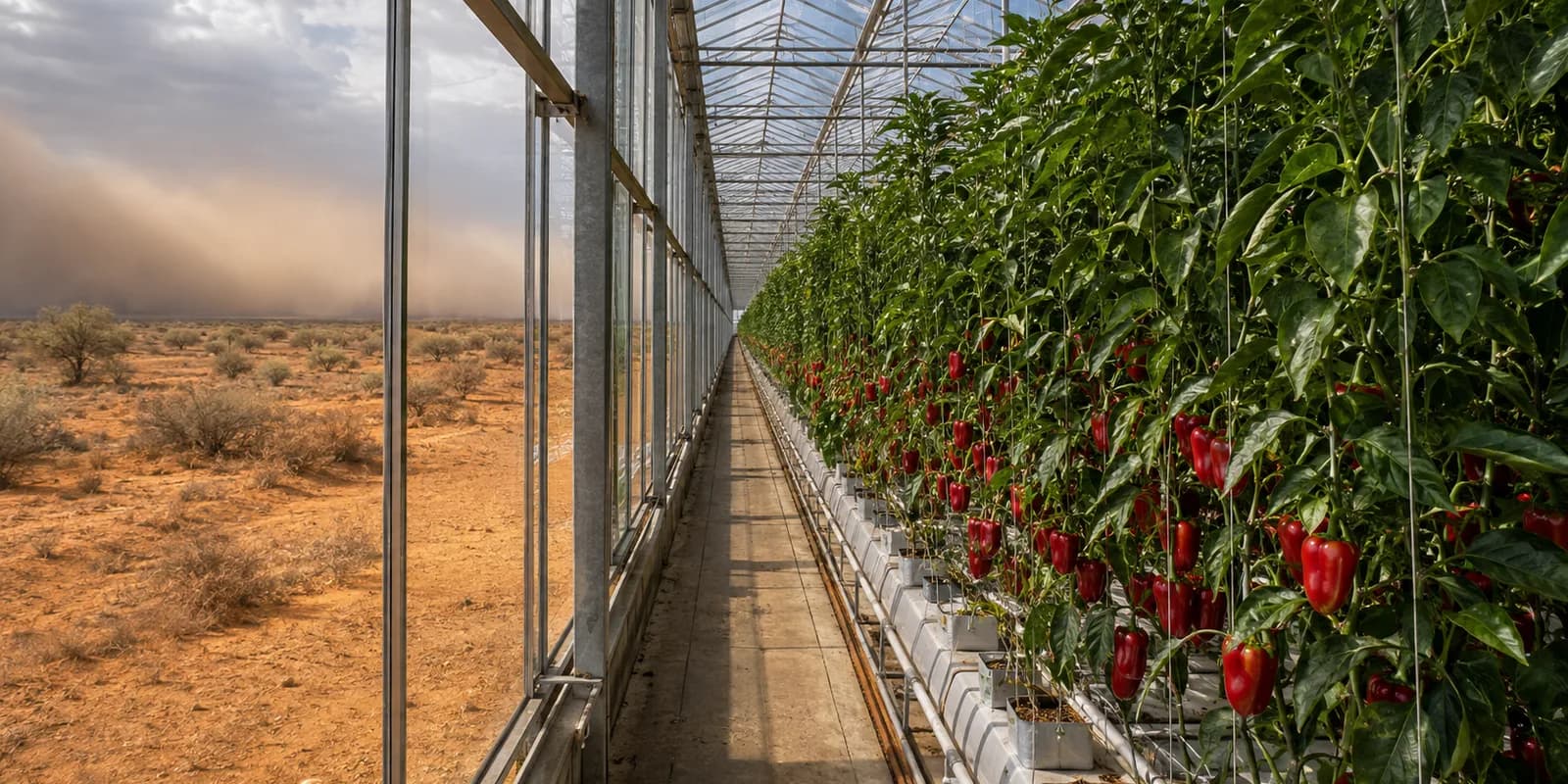 Tall pepper crops thriving inside a high-tech glasshouse while drought conditions remain outside