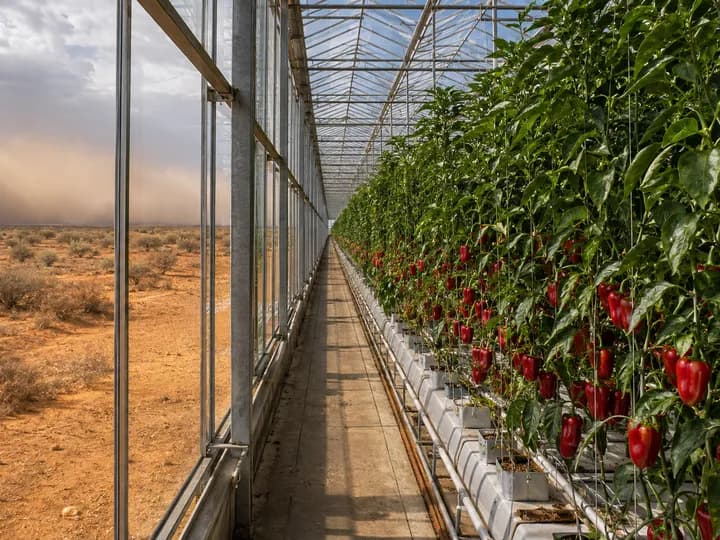 Tall pepper crops thriving inside a high-tech glasshouse while drought conditions remain outside