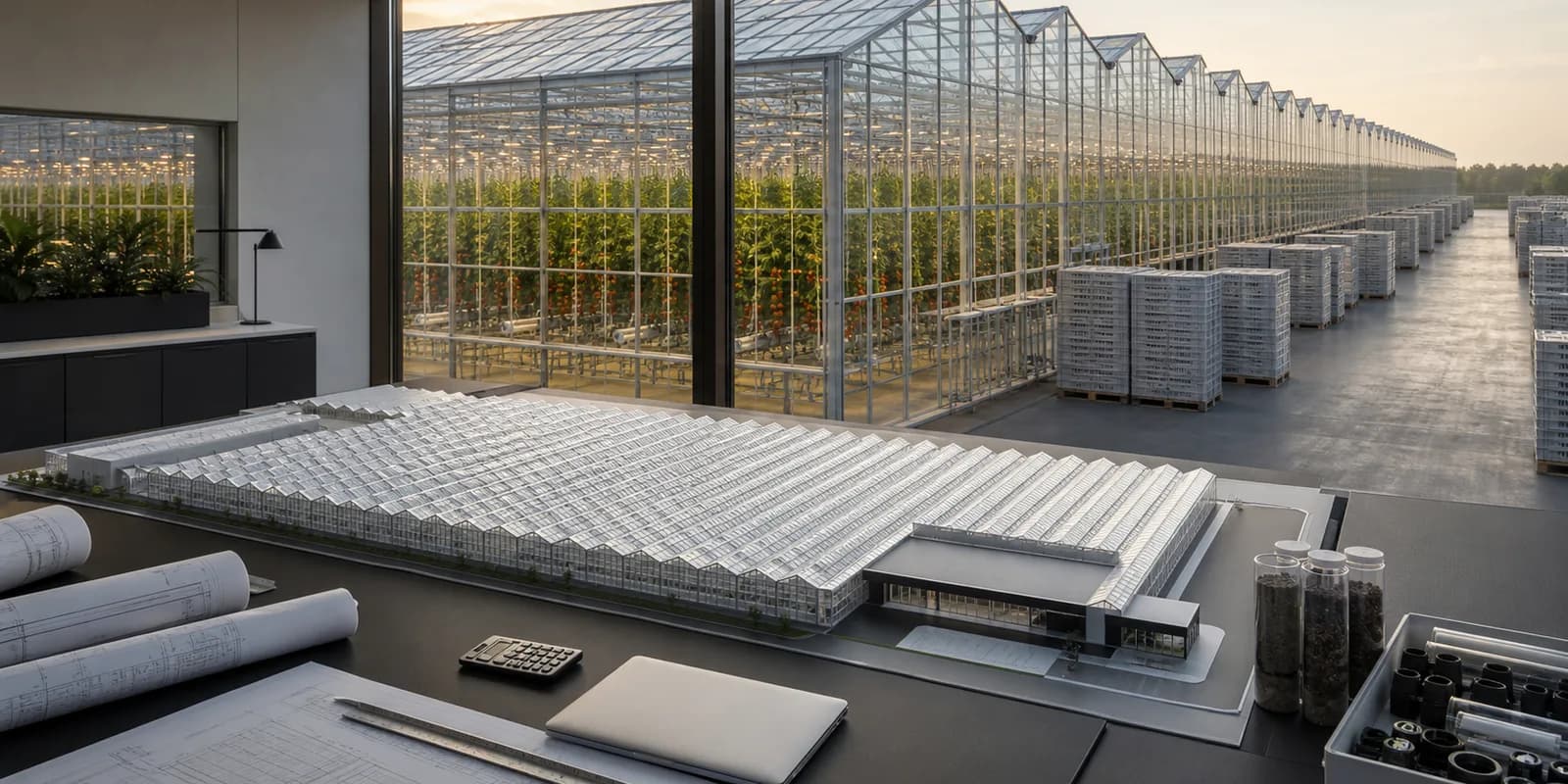 Detailed glasshouse project model and engineering plans overlooking the completed commercial greenhouse
