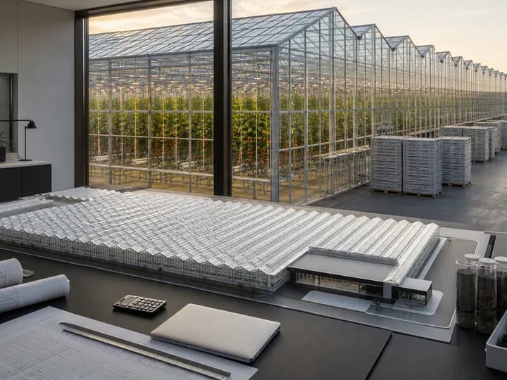 Detailed glasshouse project model and engineering plans overlooking the completed commercial greenhouse