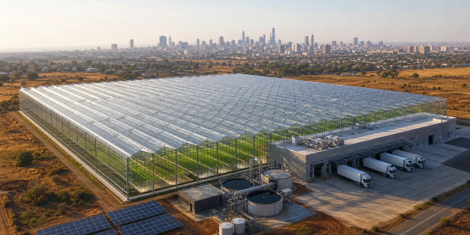Large high-tech glasshouse and attached packhouse supplying fresh food to a nearby African city
