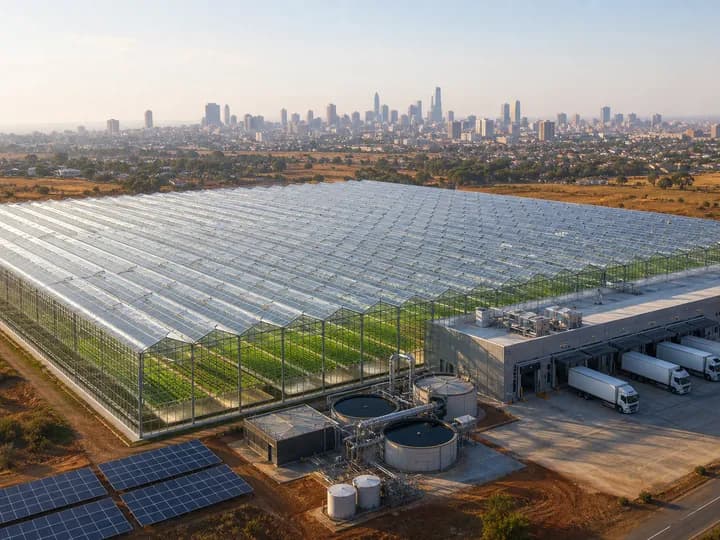 Large high-tech glasshouse and attached packhouse supplying fresh food to a nearby African city