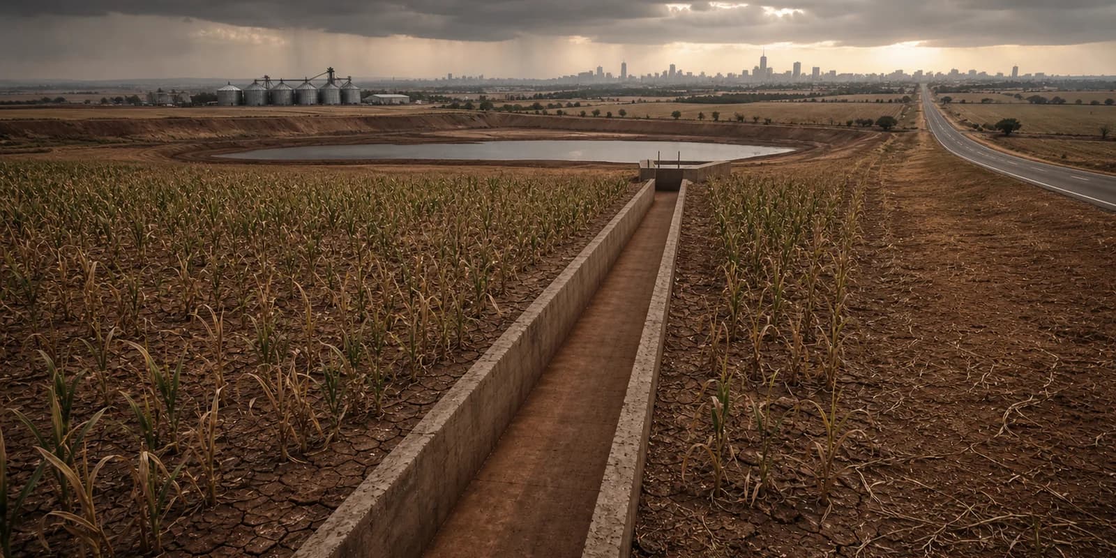Drought-affected farmland where a dry irrigation canal ends at a depleted reservoir, separate from the nearby highway