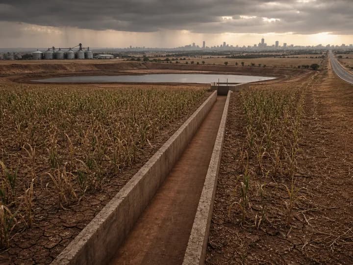 Drought-affected farmland where a dry irrigation canal ends at a depleted reservoir, separate from the nearby highway