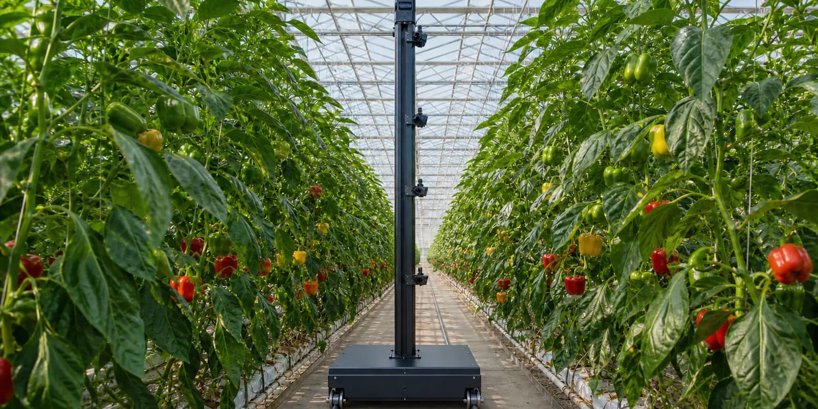 Autonomous machine-vision crop-monitoring trolley scanning mature high-wire peppers inside an enormous commercial glasshouse