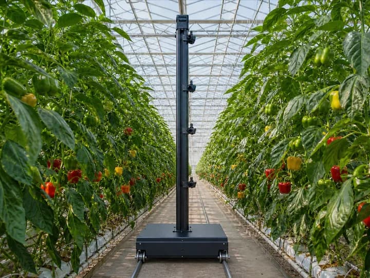 Autonomous machine-vision crop-monitoring trolley scanning mature high-wire peppers inside an enormous commercial glasshouse