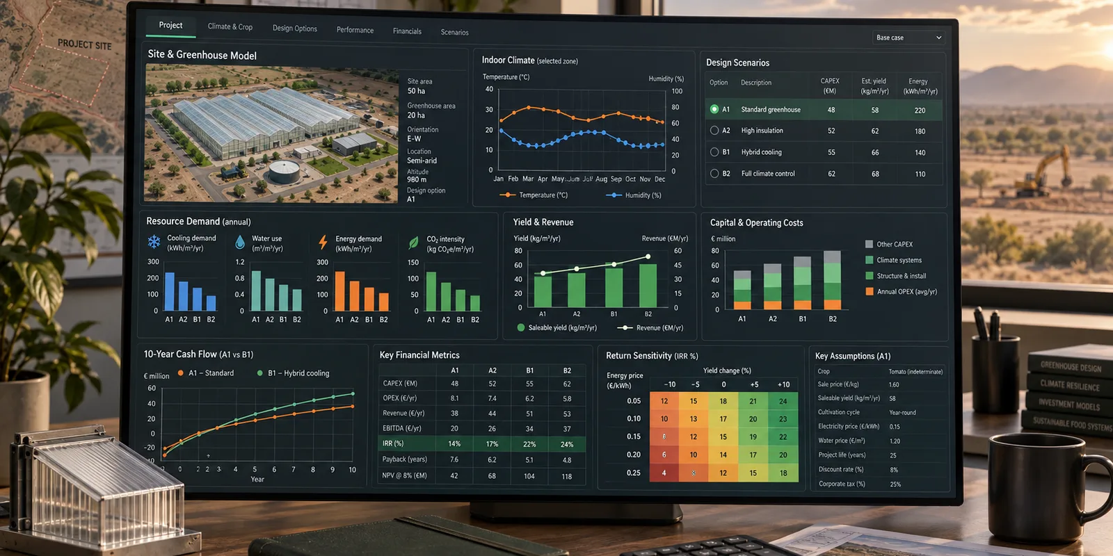 Greenhouse simulation dashboard combining climate and financial variables