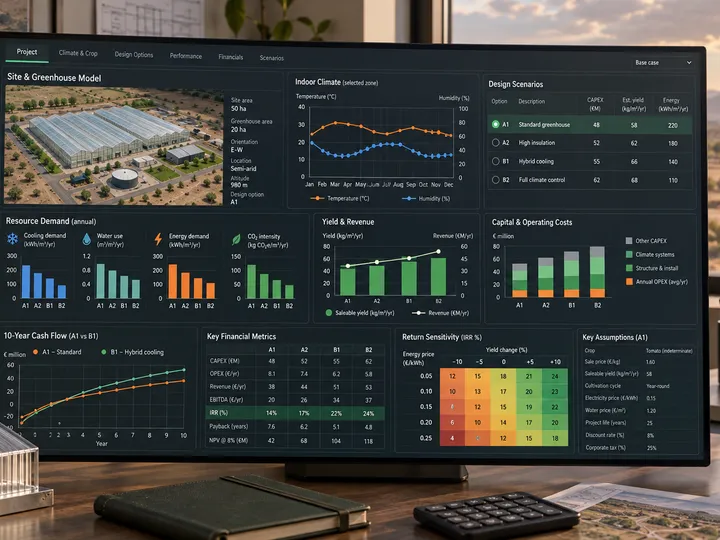 Greenhouse simulation dashboard combining climate and financial variables