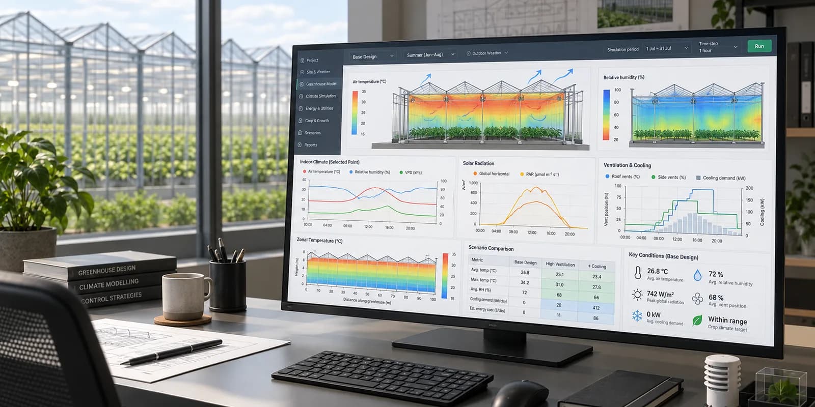 Climate simulation dashboard displayed on a large screen in a professional office