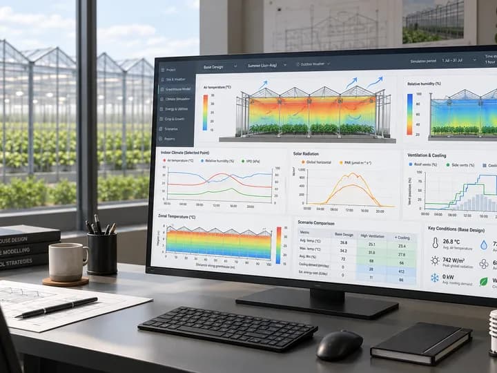Climate simulation dashboard displayed on a large screen in a professional office