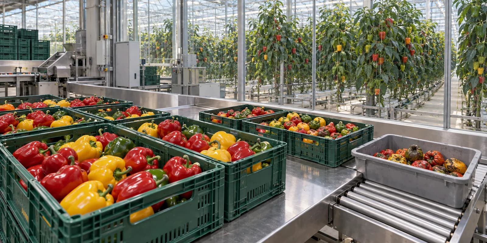 Fresh peppers being graded for buyers and commercial crop-margin decisions