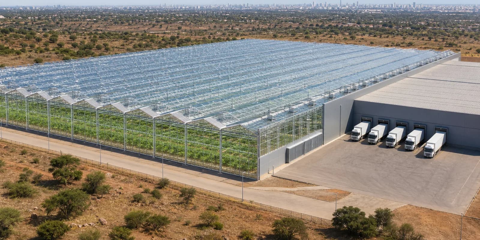 Large contiguous multi-span glasshouse with an attached packhouse producing fresh crops on dry African land