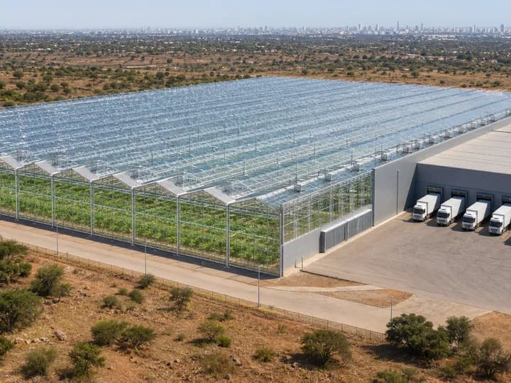 Large contiguous multi-span glasshouse with an attached packhouse producing fresh crops on dry African land