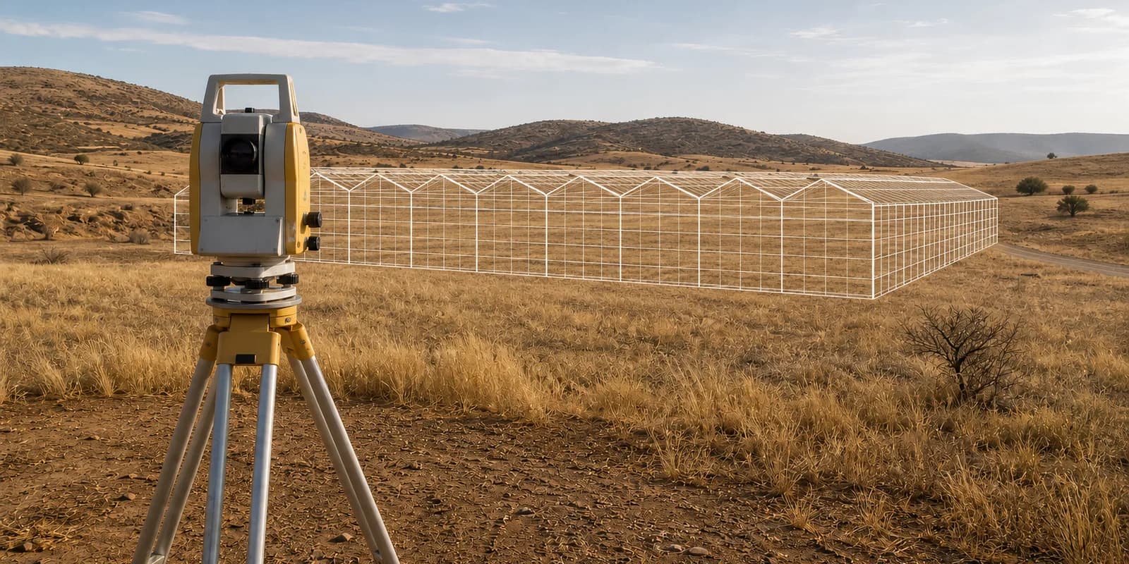 A land-survey instrument on a tripod overlooking a dryland site with the wireframe outline of a planned greenhouse