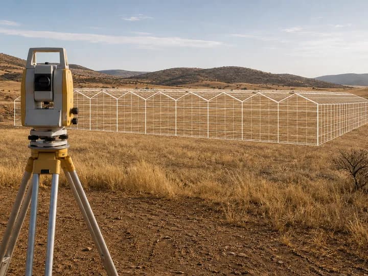 A land-survey instrument on a tripod overlooking a dryland site with the wireframe outline of a planned greenhouse