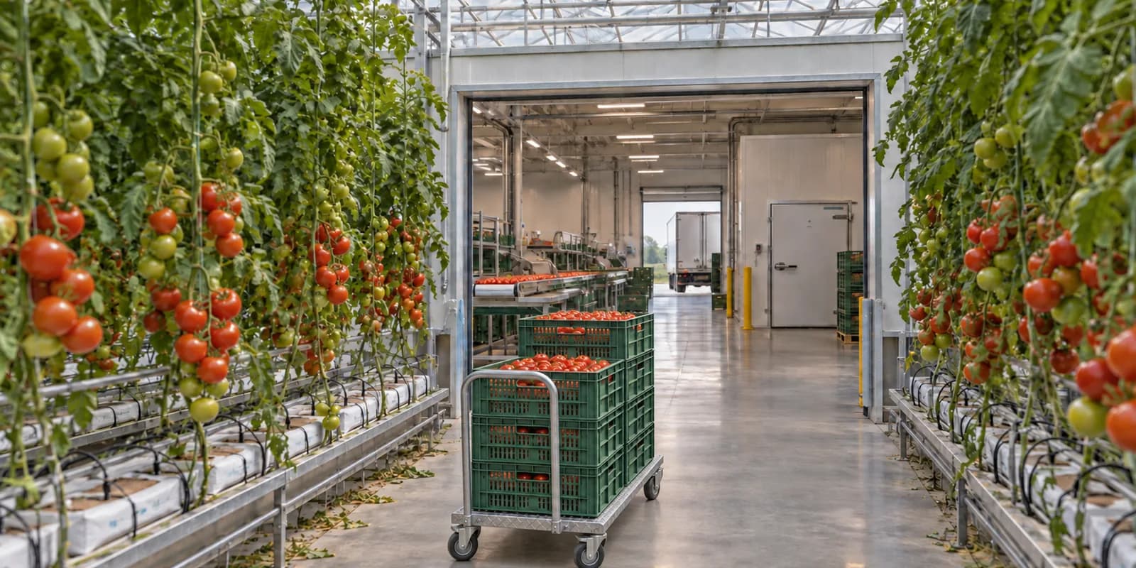 Harvest crates on a wheeled trolley moving from a commercial greenhouse into its packhouse