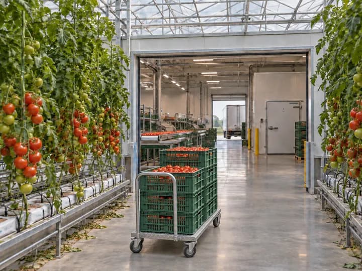 Harvest crates on a wheeled trolley moving from a commercial greenhouse into its packhouse