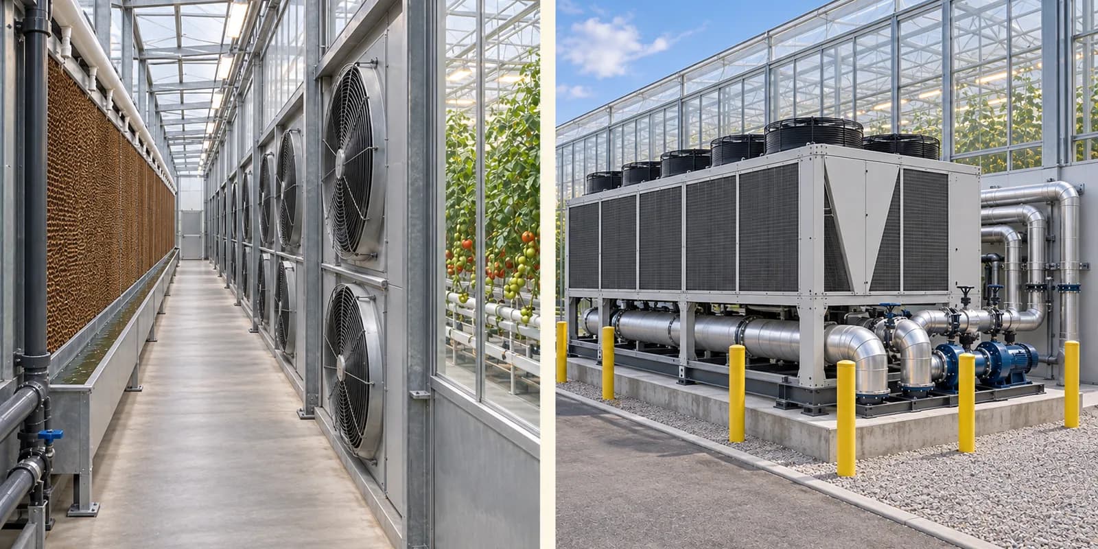 Commercial greenhouse pad wall and fans connected to an outdoor container-scale chiller