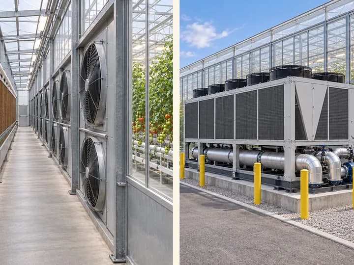 Commercial greenhouse pad wall and fans connected to an outdoor container-scale chiller