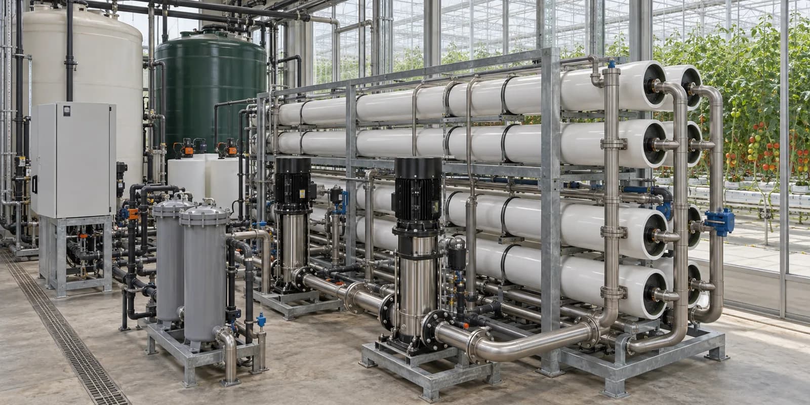 Commercial reverse-osmosis water-treatment system for greenhouse irrigation and cooling