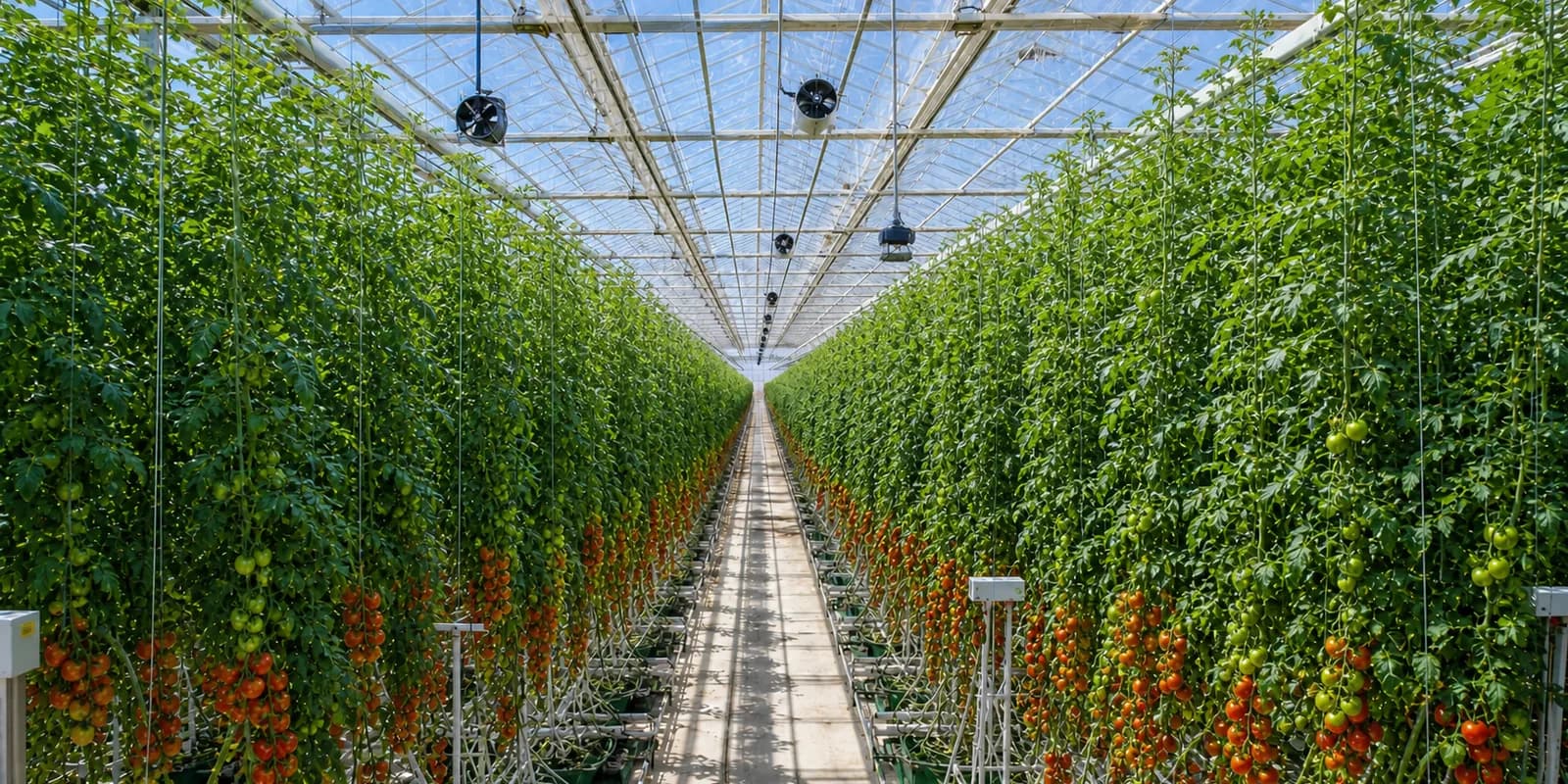 Mature high-wire tomato crop and climate-control systems inside an enormous commercial multi-span glasshouse