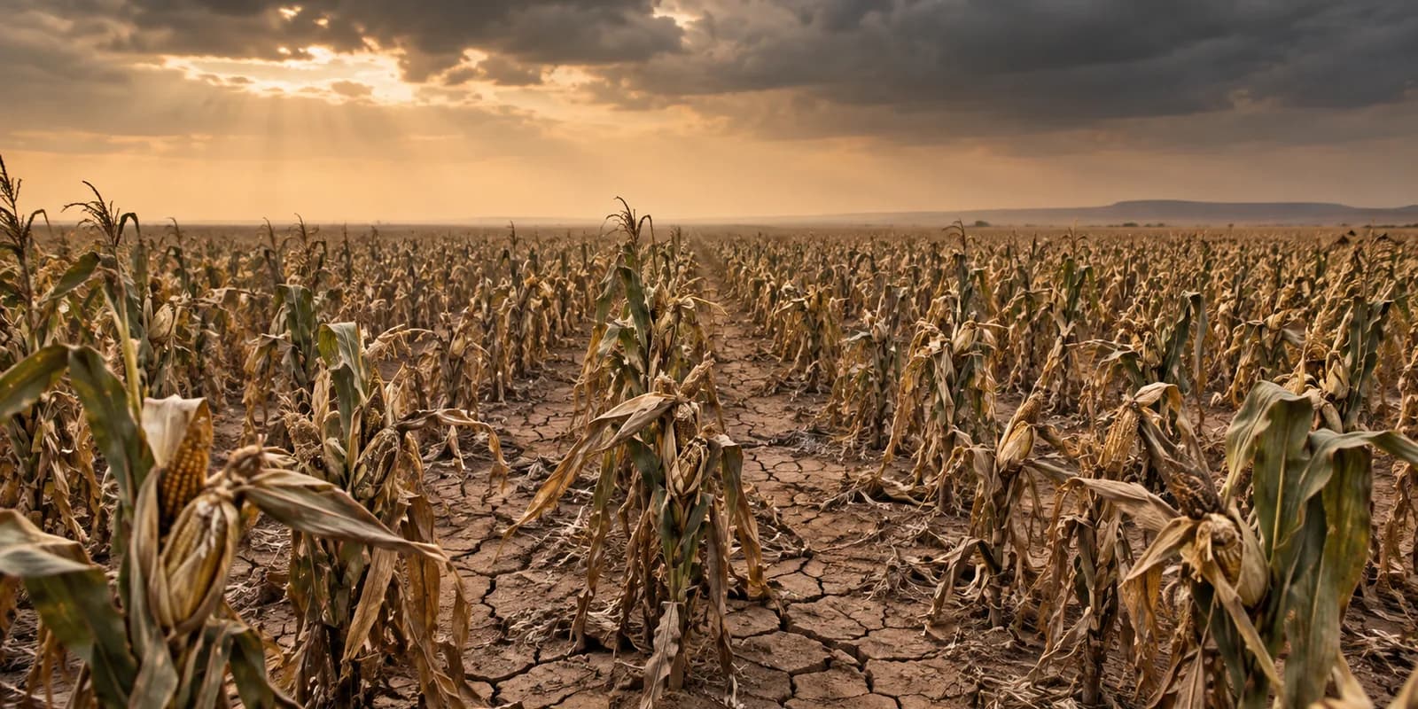 A large maize field severely wilted by drought beneath a dramatic sky