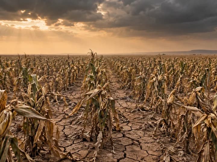 A large maize field severely wilted by drought beneath a dramatic sky