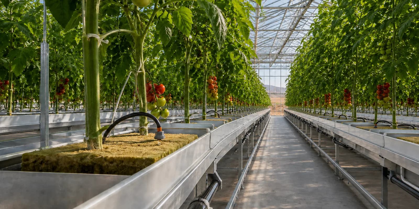 Precision hydroponic irrigation serving tall mature tomato rows inside a commercial glasshouse