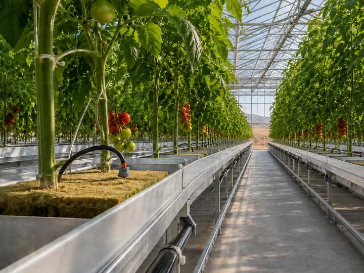 Precision hydroponic irrigation serving tall mature tomato rows inside a commercial glasshouse